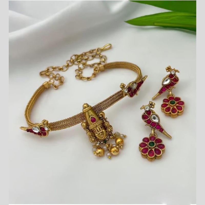 Manisha Jewellery Gold Plated Pota Stone And Pearls Temple Choker Necklace Set