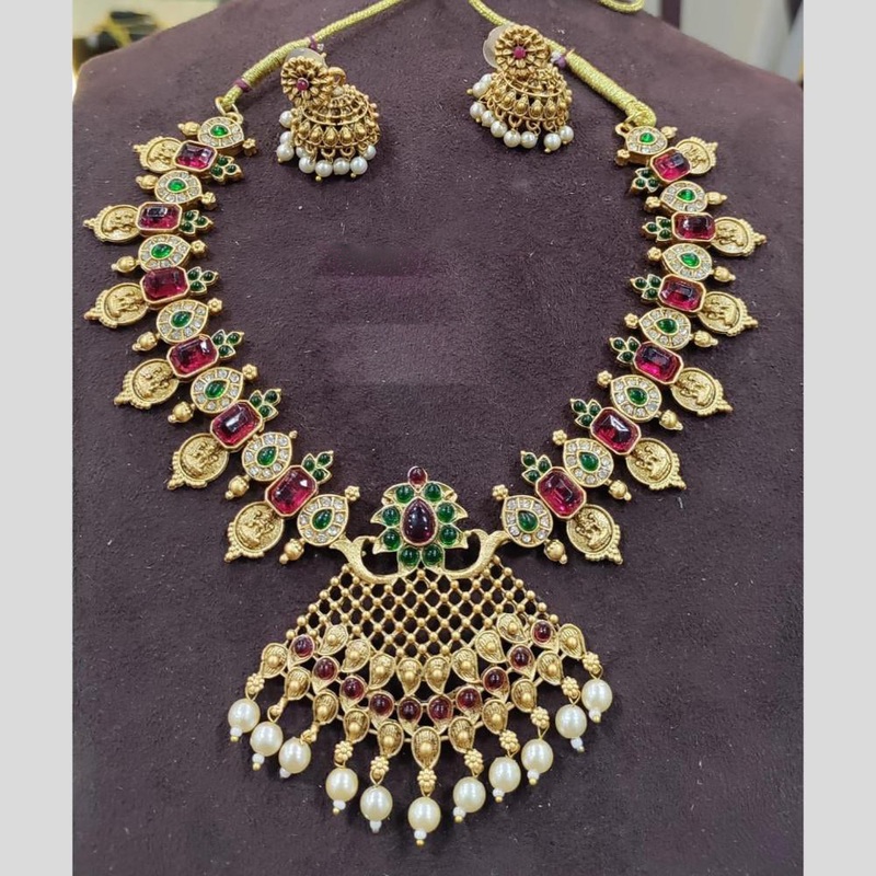 Manisha Jewellery Gold Plated Pota Stone And Pearls Temple  Necklace Set