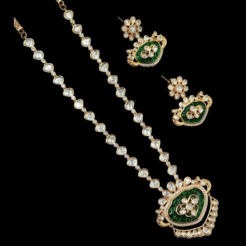NAFJ Gold Plated Polki Kundan Stone Long Necklace Set