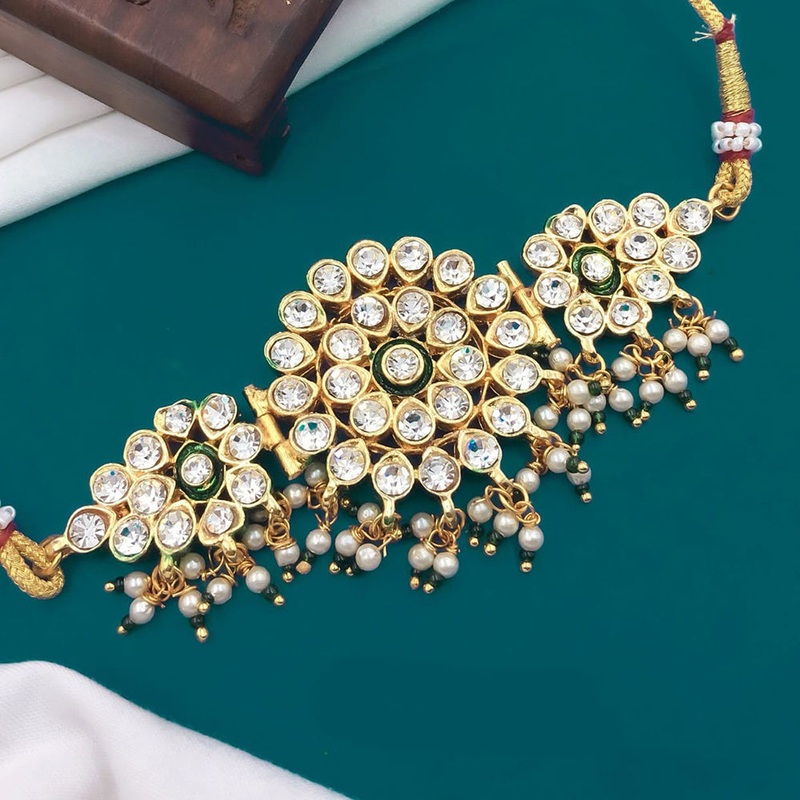 Pooja Bangles Gold Plated Austrian Stone And Pearl Choker Necklace Set