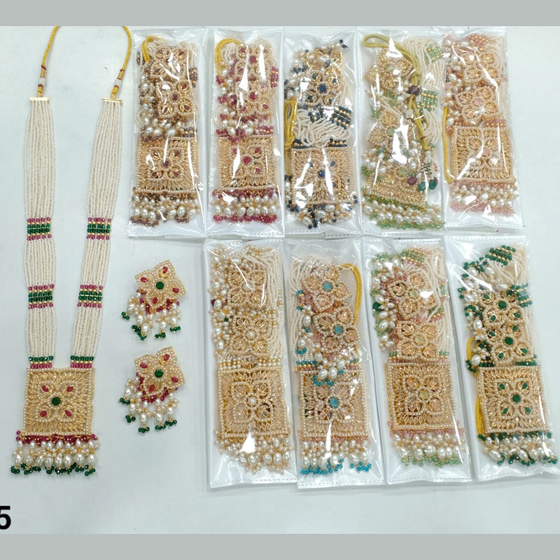 Rajwadi Collection Gold Plated Crystal Stone And Pearl Long Necklace Set