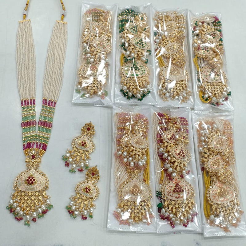 Rajwadi Collection Gold Plated Crystal Stone And Pearl Meenakari Long Necklace Set