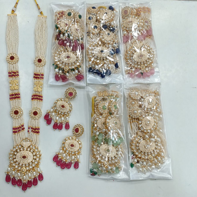 Rajwadi Collection Gold Plated Kundan Stone And Pearl Meenakari Long Necklace Set
