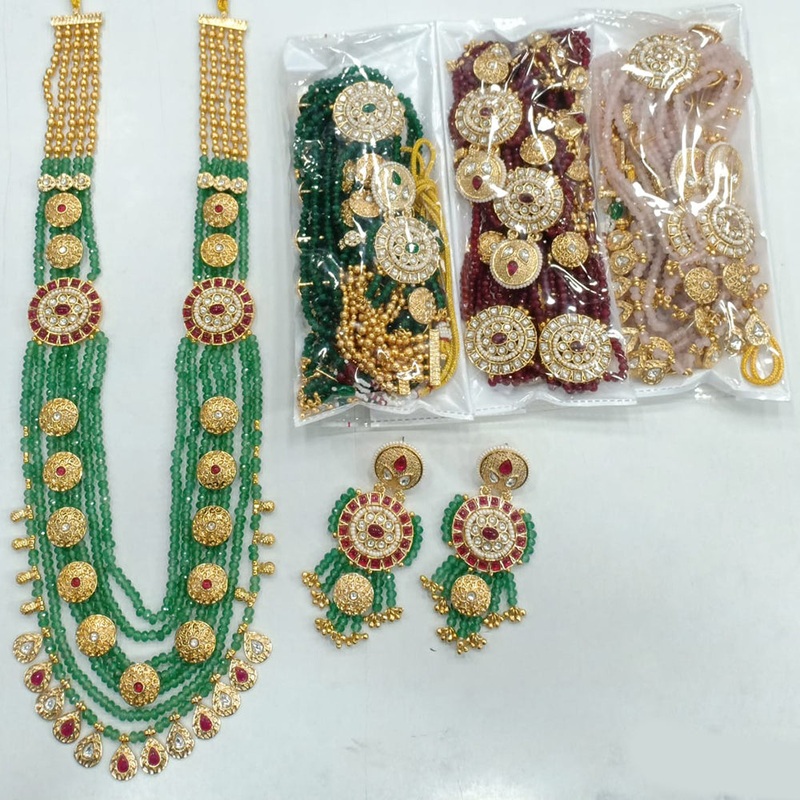 Rajwadi Collection Gold Plated Pota Stone And Pearl Long Necklace Set