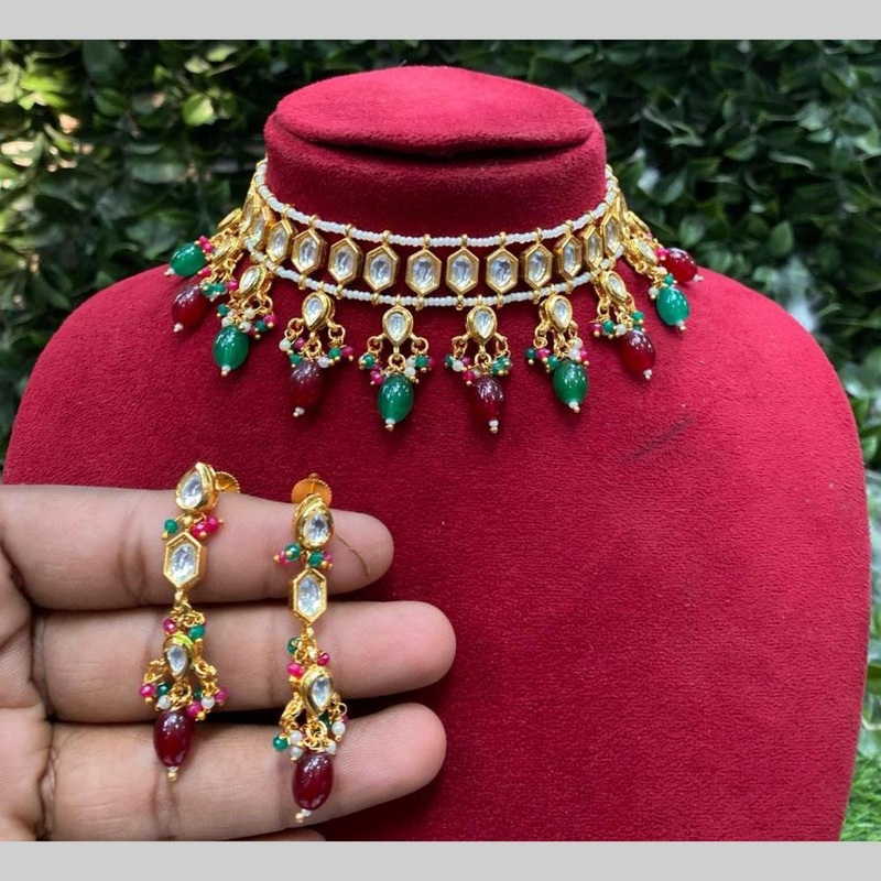 Shagna Gold Plated Kundan Stone And Beads Necklace Set