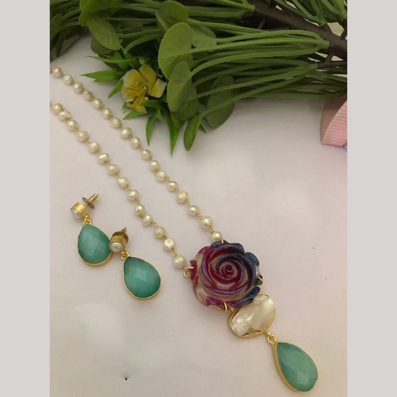 FS Collection Designer Gold Plated Mother of Pearls Rose Stylish Long Necklace Set