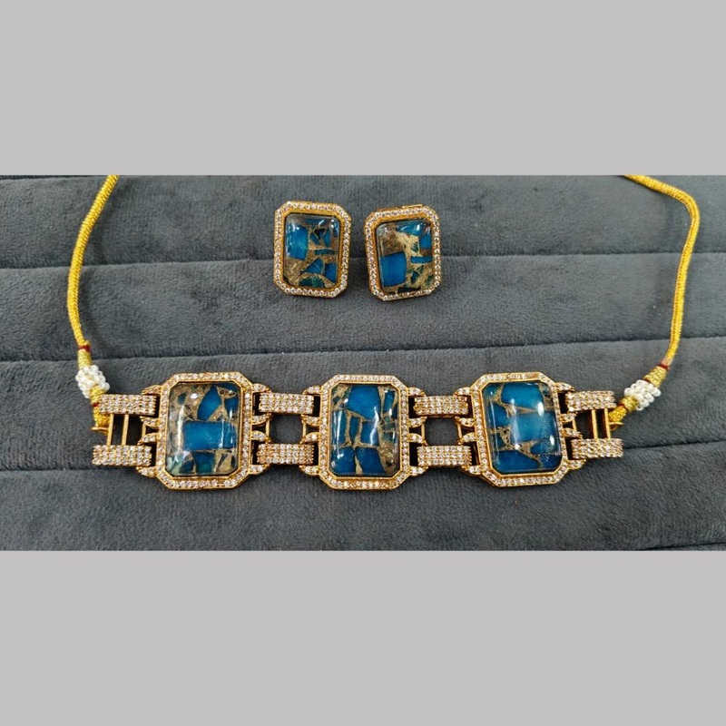 Fs Collection Gold Plated Druzy Crystal Stone Choker Necklace Set