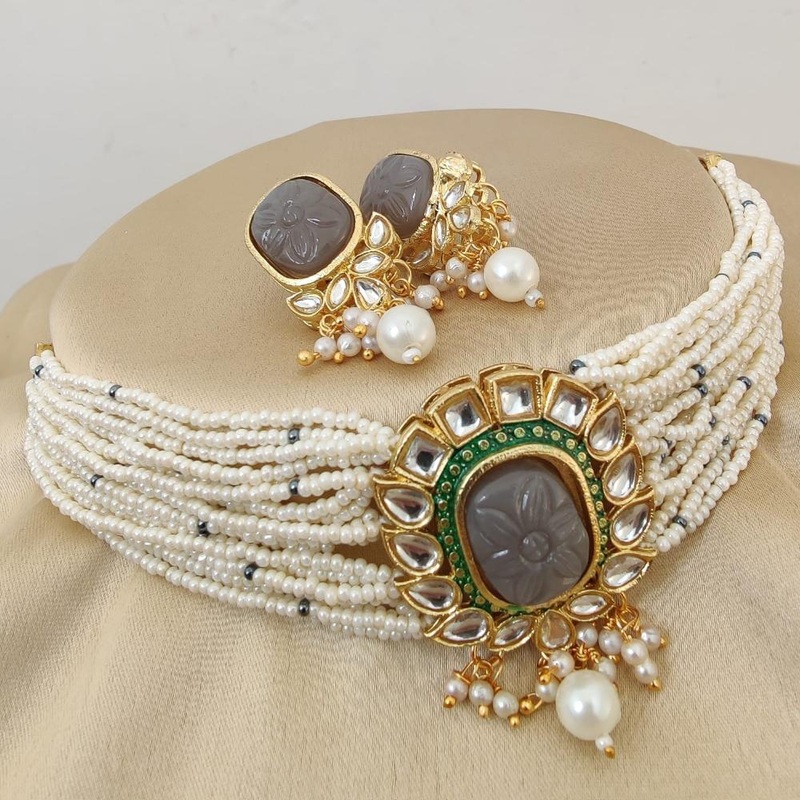 Fs Collection Gold Plated Kundan And Beads Choker Necklace Set