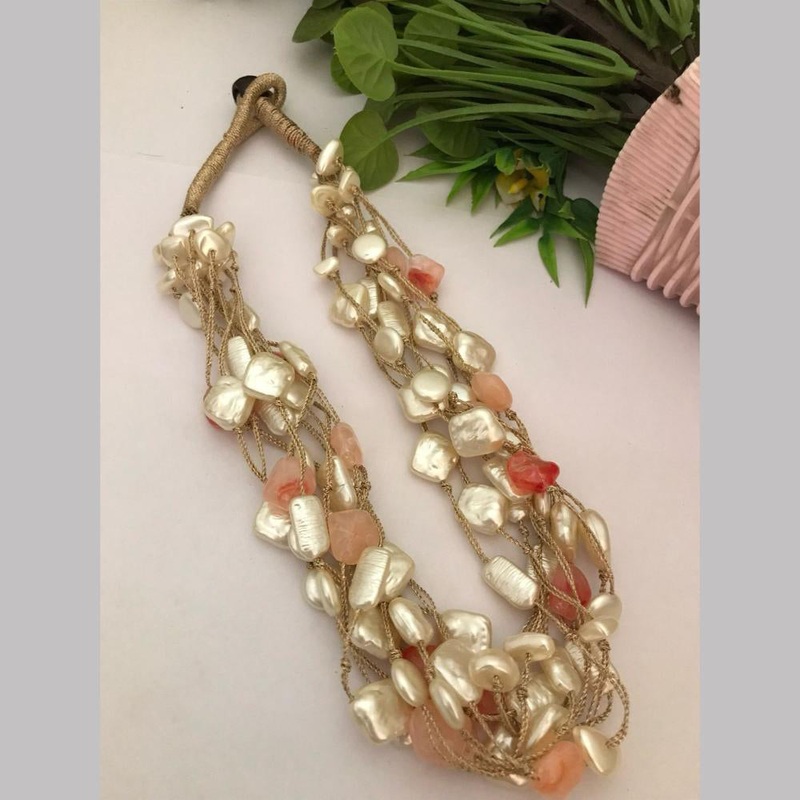 FS Collection Gold Plated Mother Of Pearls Multi Layer Long Necklace Set