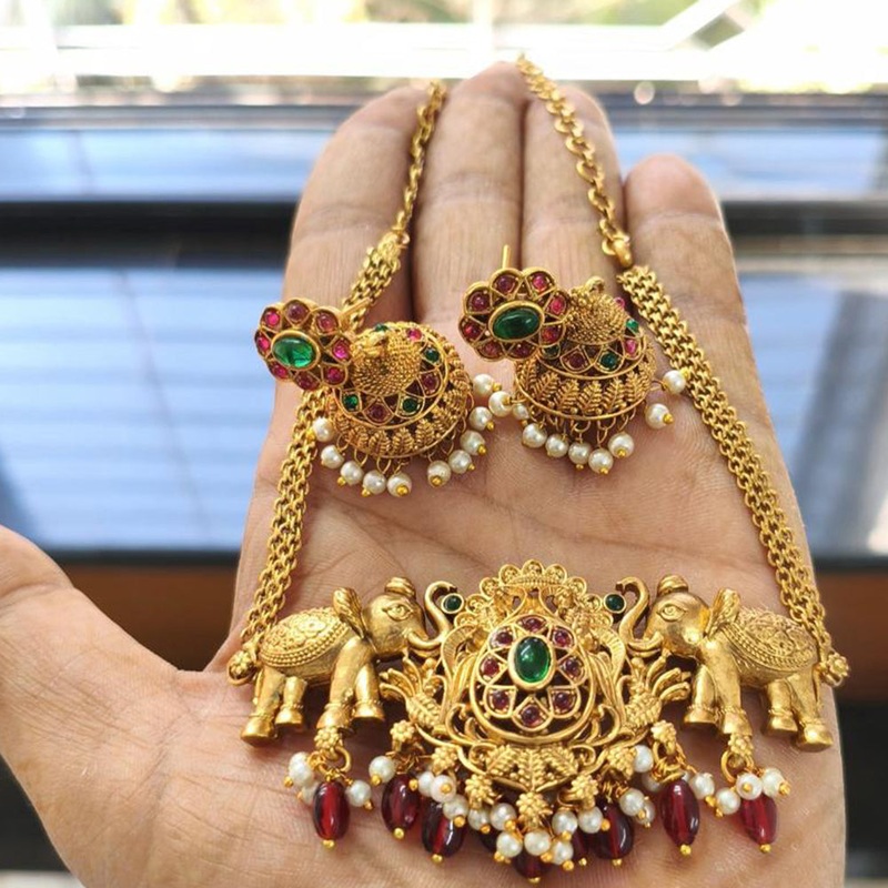 FS Collection Luxury Gold Plated Elephant Choker Necklace with Pota and Beads