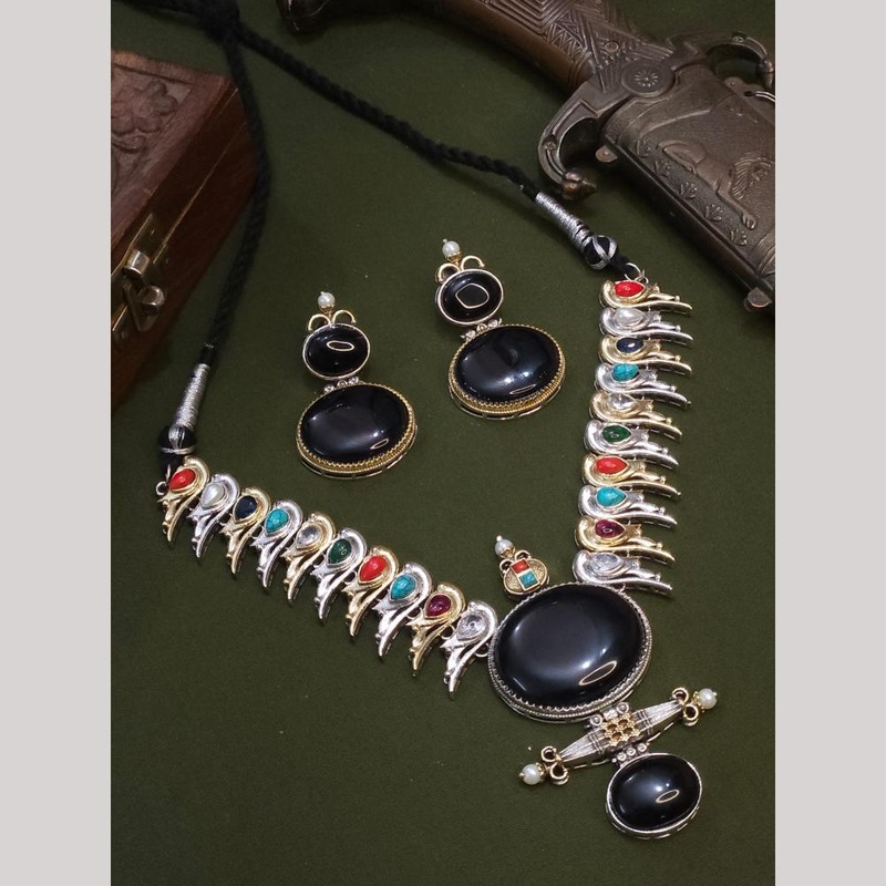FS Collection Stylish 2-Tone Plated Pota Stones Necklace Set