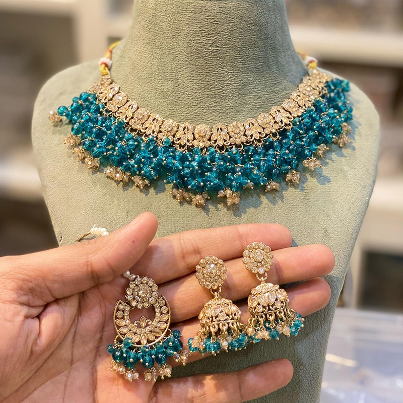 Hira Collections Gold Plated Sparkling Crystal Stone And Beads Necklace Set