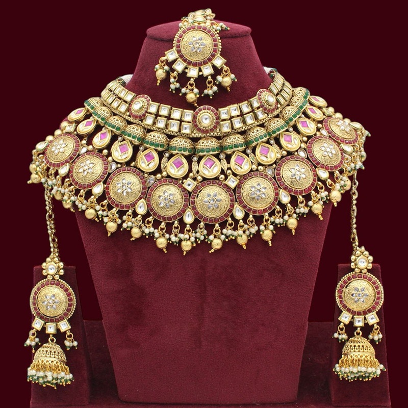 JCM Gold Plated Kundan Stone And Pearls Choker  Necklace Set