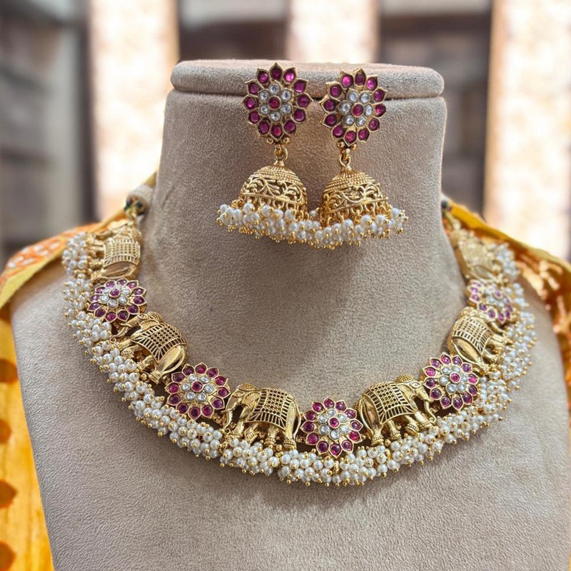 Jewel Addiction Copper Gold Pota Stone And Pearls Elephant Necklace Set