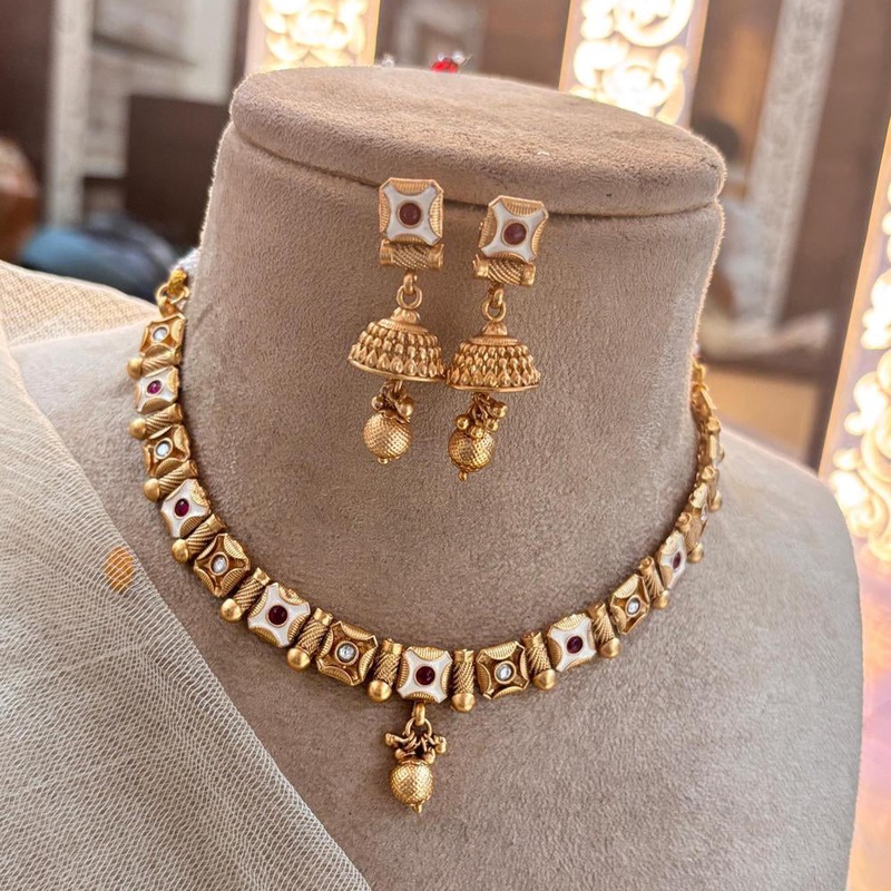 Jewel Addiction Copper Gold Pota Stone Meenakari Necklace Set