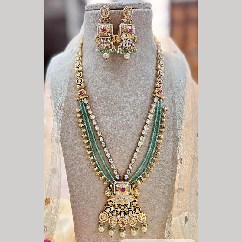 Jewel Addiction Gold Plated Pota Stone And Pearls Meenakari Long Necklace Set