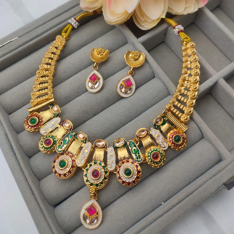 Lalita Creation Gold Plated Pota Stone And Meenakari Necklace Set
