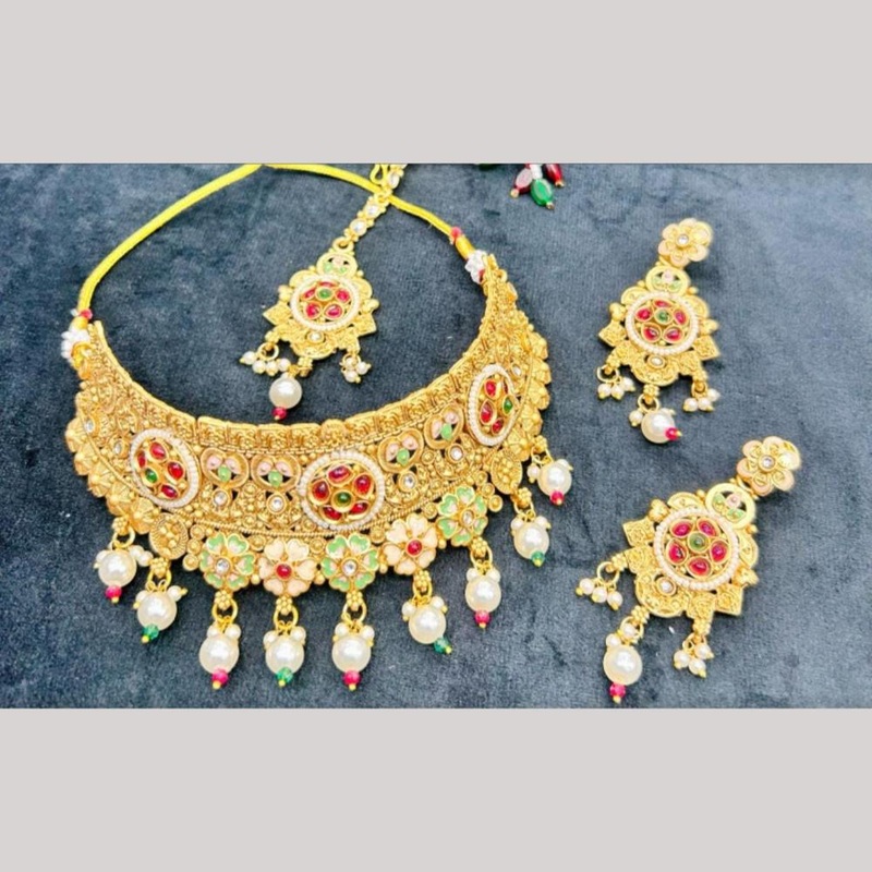 Manisha Jewellery Gold Plated Pota Stone And Pearls Meenakari Choker Necklace Set
