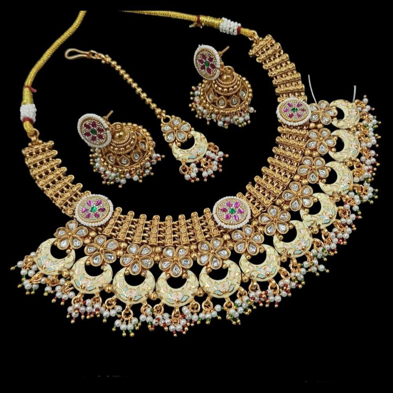 NAFJ Copper Gold Kundan And Pearl Necklace Set
