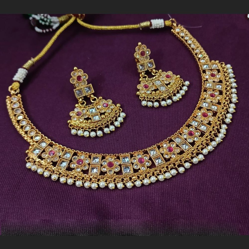 NAFJ Designer Gold Polish Pota Stone Work Pearl Necklace Set