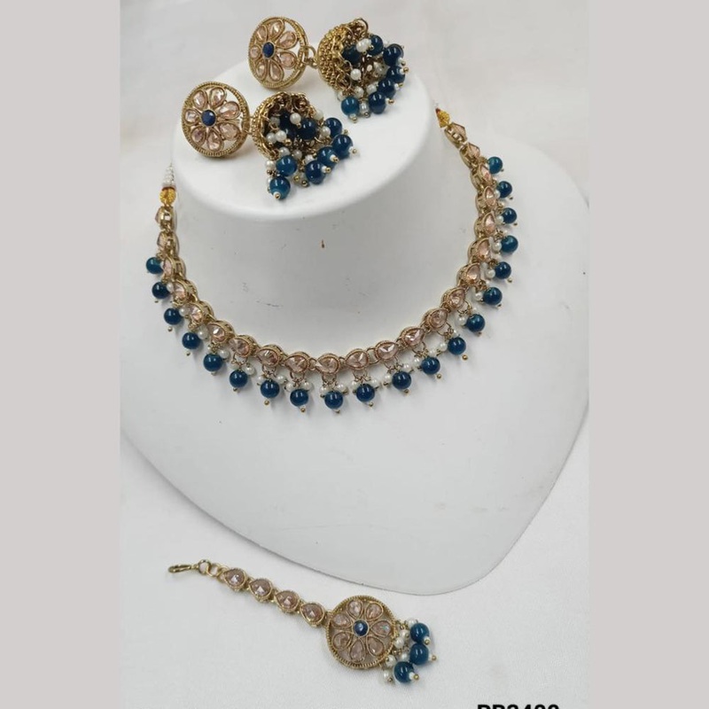 NAFJ Gold Plated Elegant Ethnic Crystal Stone & Beads Necklace Set