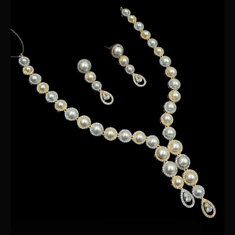 NAFJ Party Wear 2 Tone Plated Austrian Stone And Pearls Necklace Set
