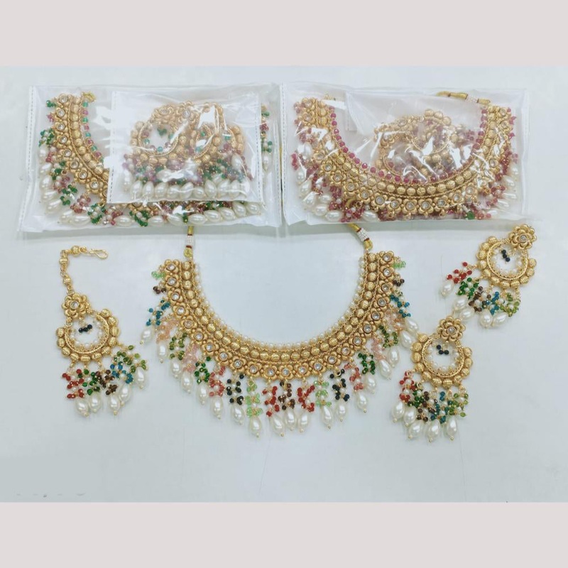 Rajwadi Collection Gold Plated Pota Stone & Beads Necklace Set  Traditional Indian Jewelry for Women