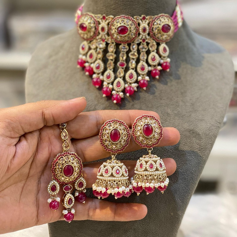 Hira Collections Gold Plated Crystal And Beads Choker Necklace Set