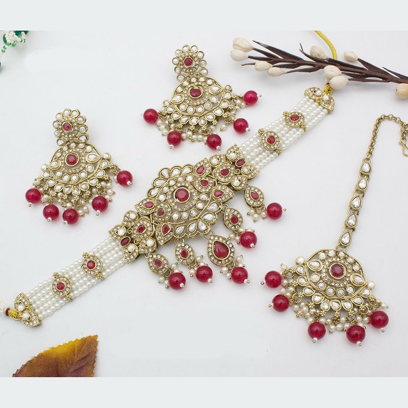 India Art Gold Plated  Kundan & Beads Traditional Bridal Jewelry  Choker Necklace Set