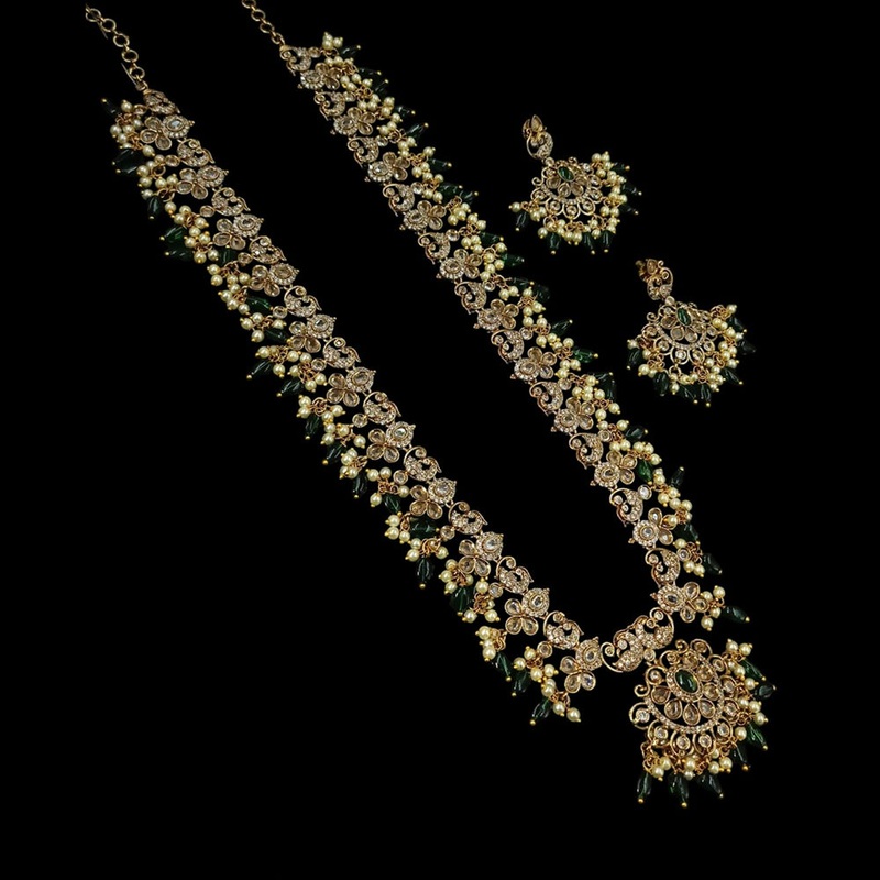 NAFJ Elegant Gold Plated Crystal Stones And Beads Long Necklace Set