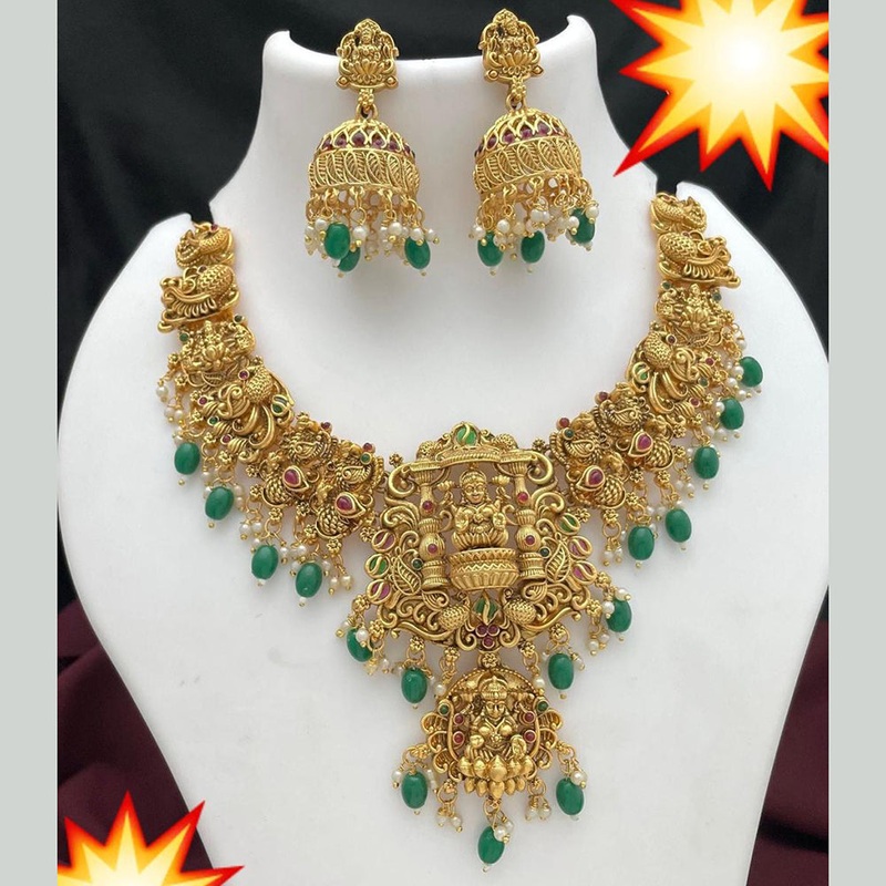 Sai Fashion Gold Plated with Pota and Beads Bridal & Festive WearTemple Necklace Set