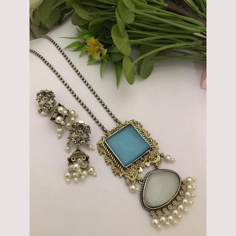 FS Collection Elegant 2 Tone Plated Crystal And Pearl Long Necklace Set