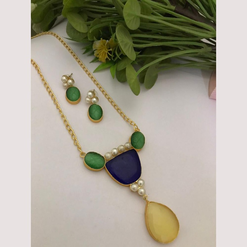 FS Collection Elegant Gold Plated Emerald Gemstone Long Necklace Set