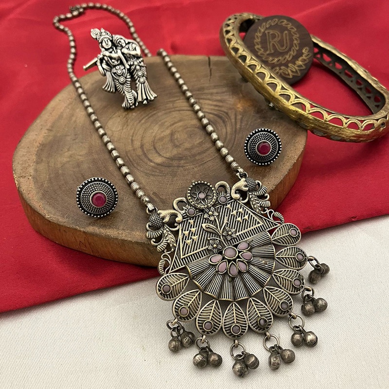 FS Collection Oxidized Plated Pota Stone And Ghungroo Long Necklace Set