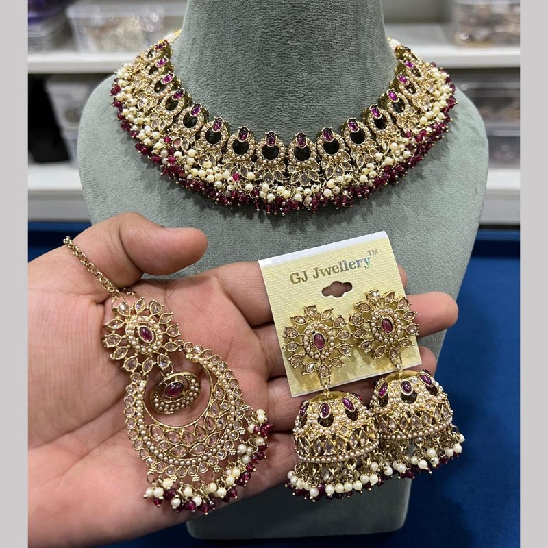 Hira Collections Gold Plated Royal Crystal Stone And Pearl Necklace Set