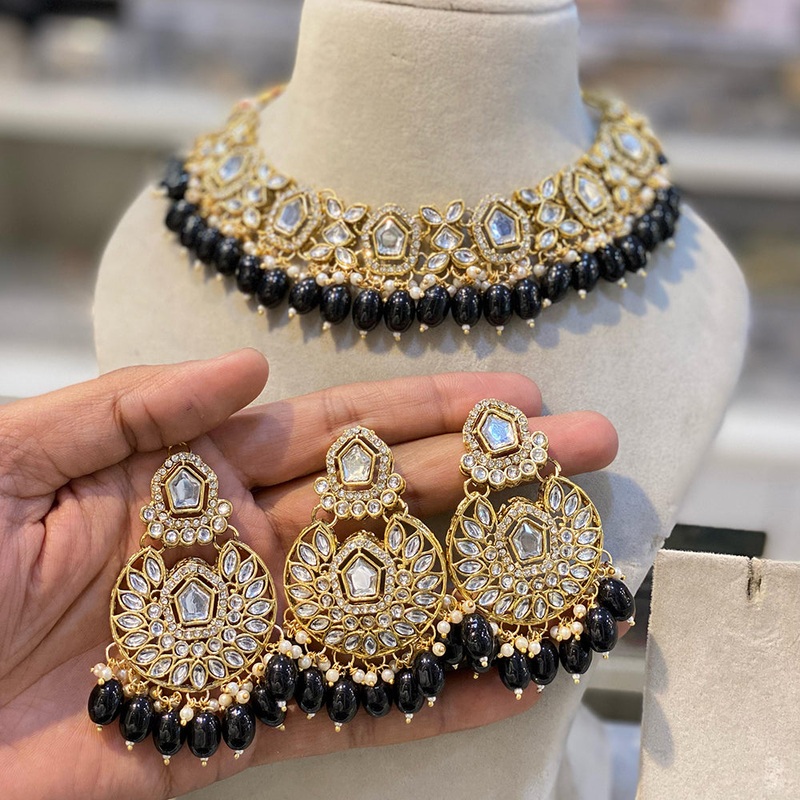 Hira Collections  Gold Plated Royal Kundan Stone And Beads Necklace Set
