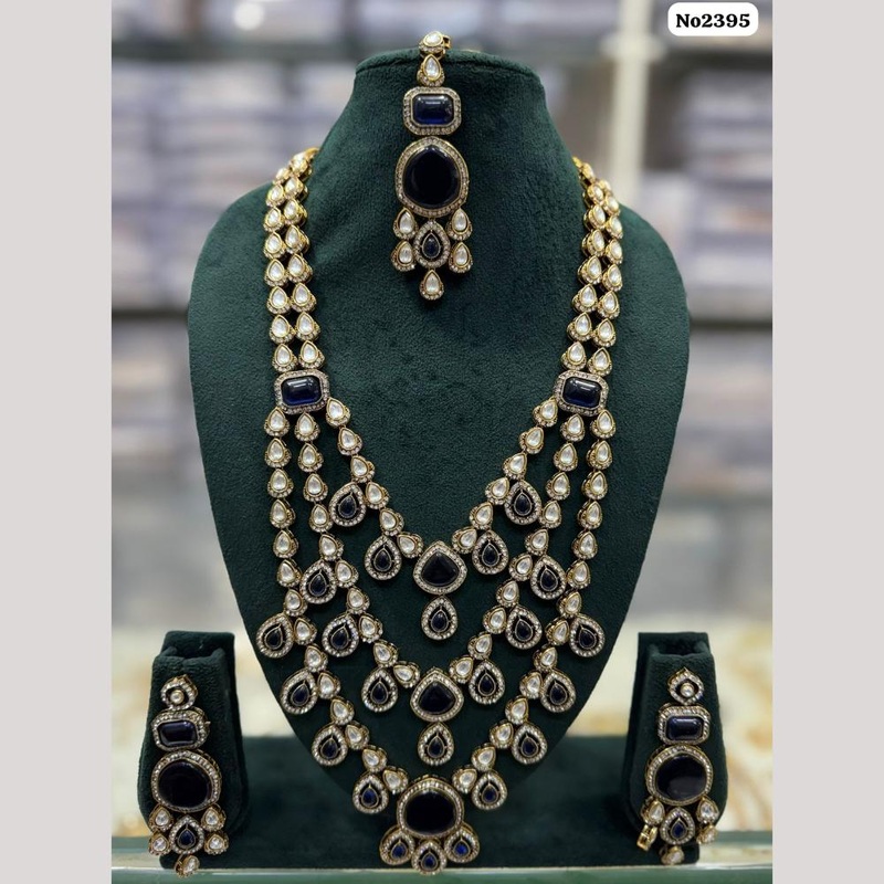 JCM Gold Plated Pota Stone And Polki Kundan Long Necklace Set