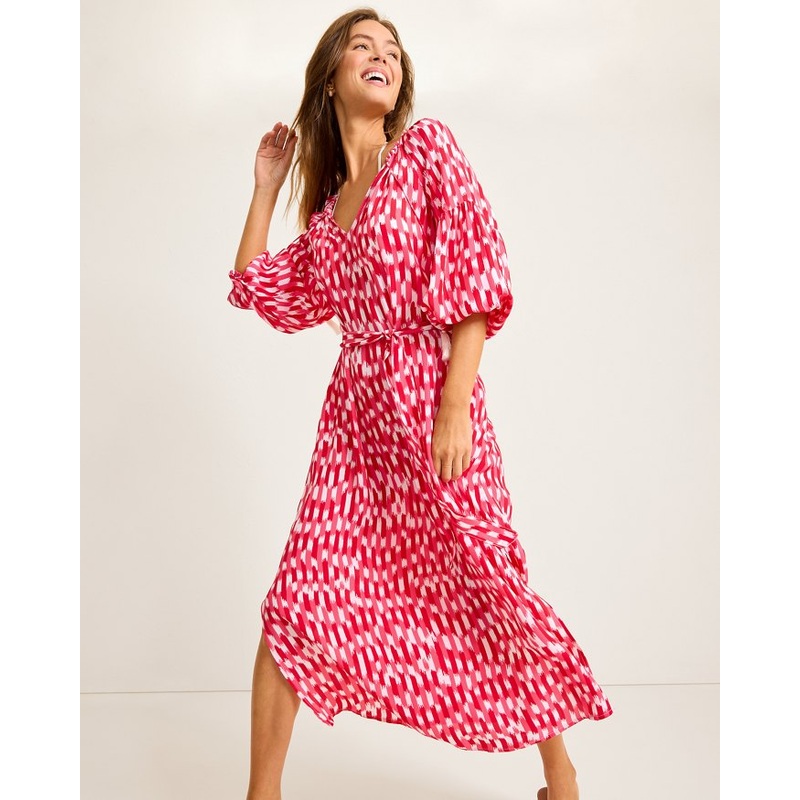 Tommy Bahama Womens Ikat Stripe Midi Dress Coverup - Red Hibiscus