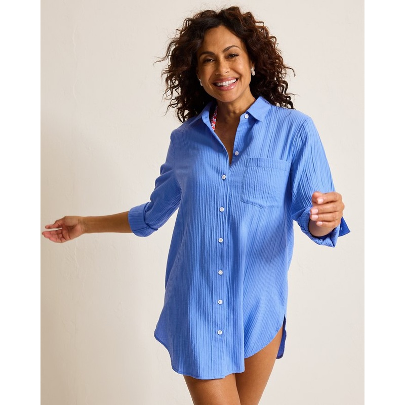 Tommy Bahama Bella Breeze Boyfriend Shirt Cover Up - Paradiso Blu