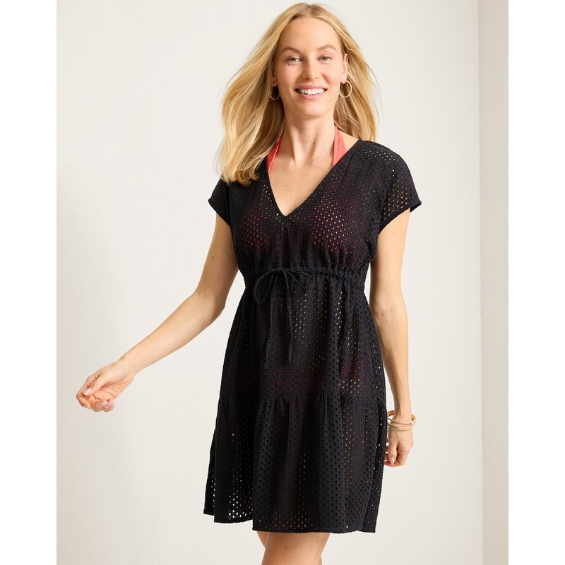 Tommy Bahama Eyelet Cove Vneck Short Dress Cover Up - Black *