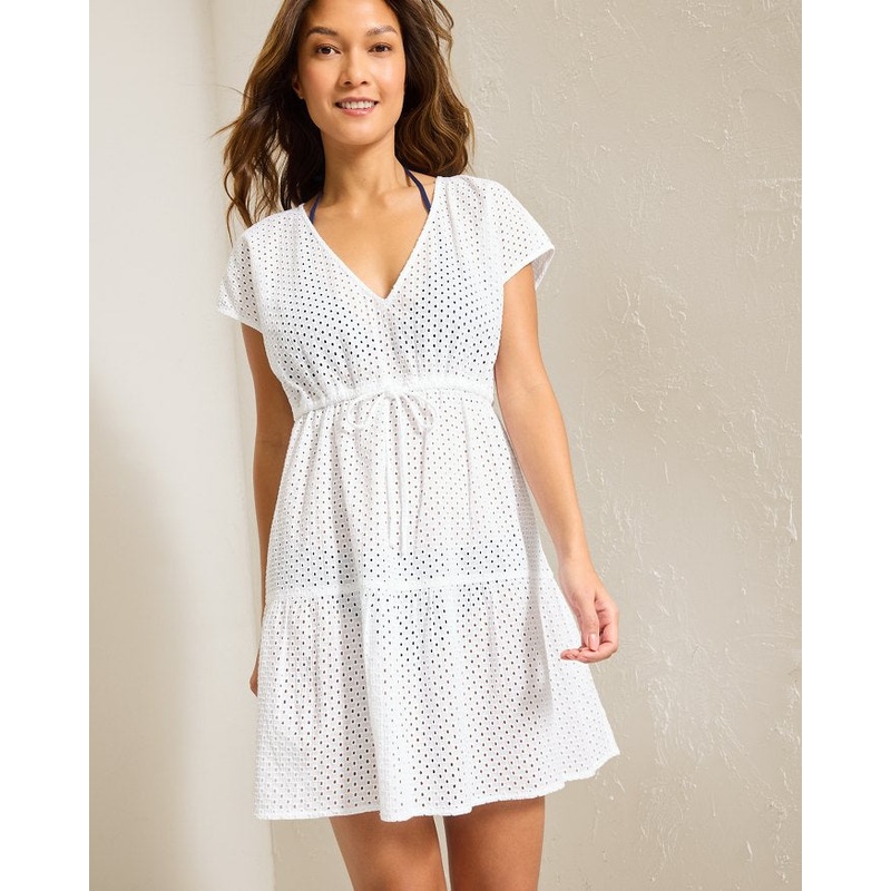 Tommy Bahama Eyelet Cove Vneck Short Dress Cover Up - White