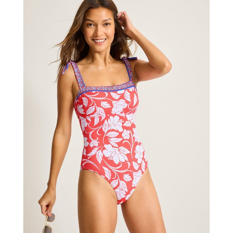 Tommy Bahama Island Cays Fiori Bandeau One Piece Swimsuit - Citrus Coral