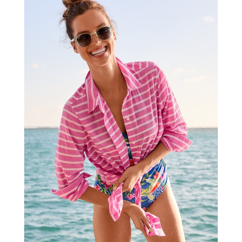 Tommy Bahama Coastline Stripe Boyfriend Shirt Cover Up - Pink Orchid