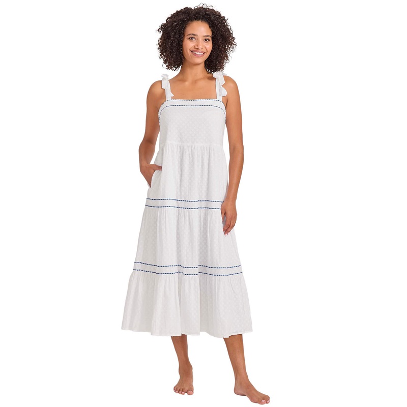 Tommy Bahama Cotton Clip Square Neck Tiered Midi Dress Cover Up - White