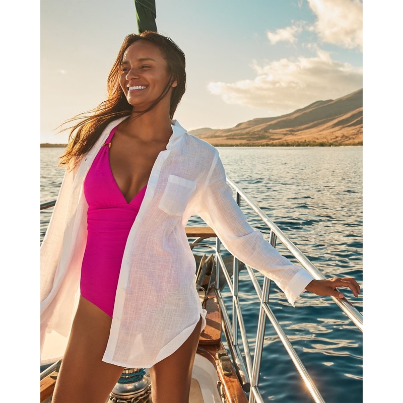 Tommy Bahama Shoreline Cotton Boyfriend Shirt Cover Up- White