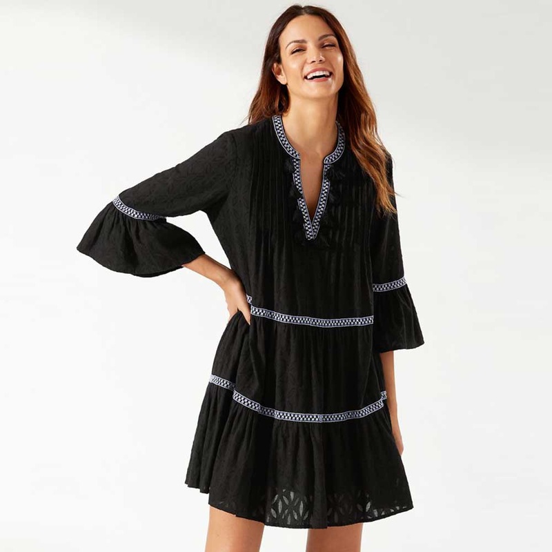 Tommy Bahama Cotton Clip Embroidered Tier Dress Cover Up - Black