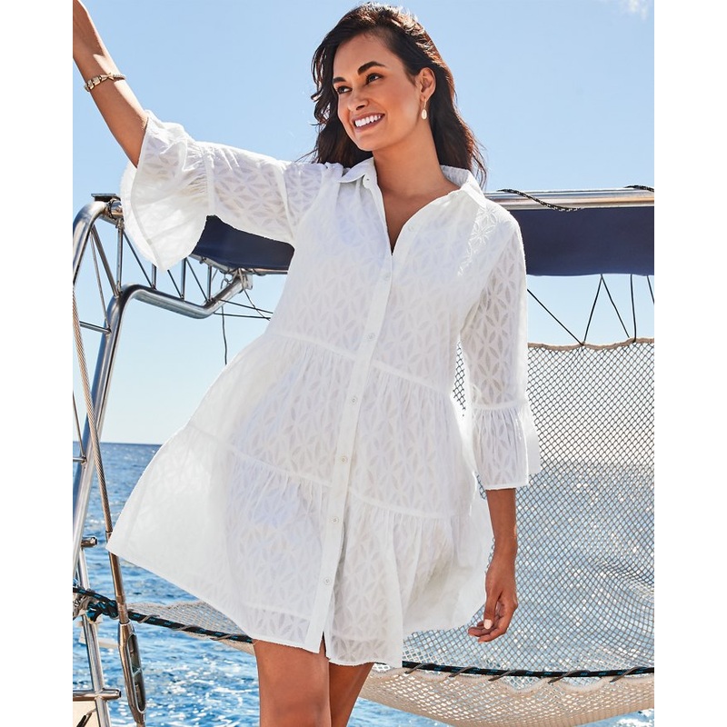 Tommy Bahama Cotton Clip Tiered Shirt Dress Coverup - White
