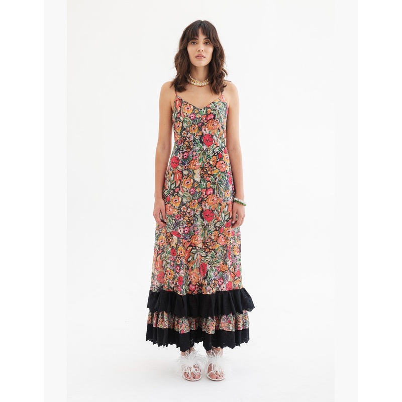 Cleopatra Silk Midi Slip Dress with Ruffle, Botanic Floral