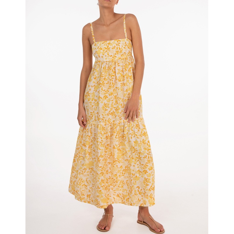 Linen Tiered Maxi Dress, Daffodil Yellow Floral