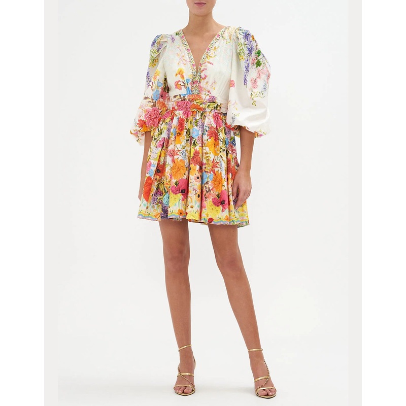Blouson Flared Cotton SIlk Dress, Sunlight Symphony